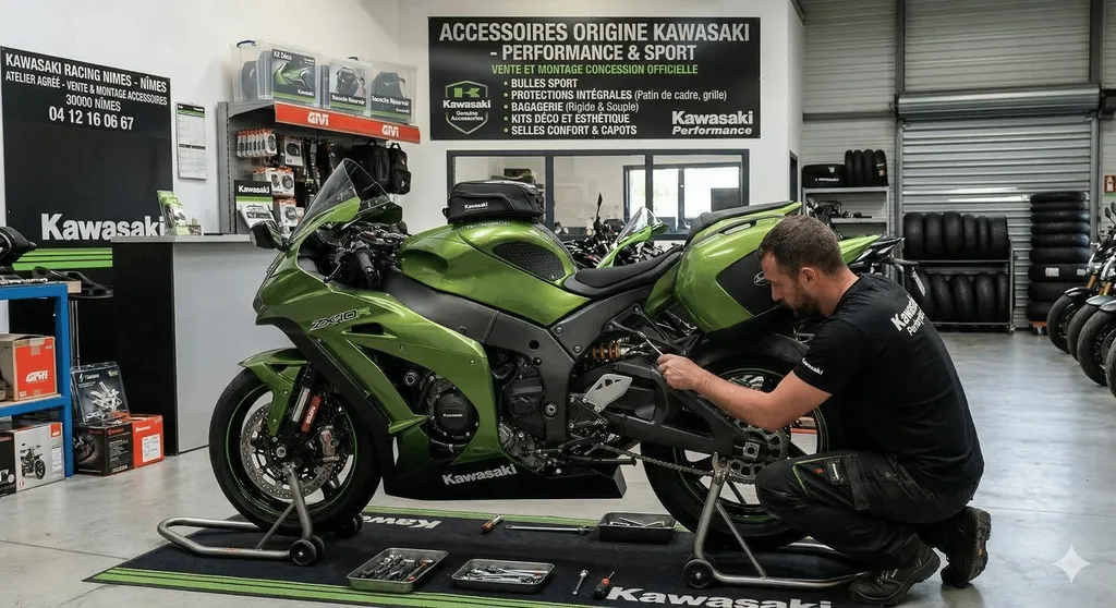 Vente et montage accessoires origine Kawasaki Performance bulle sport protection bagagerie et kit déco en concession officielle agréée à Nîmes 30000 dans le Gard