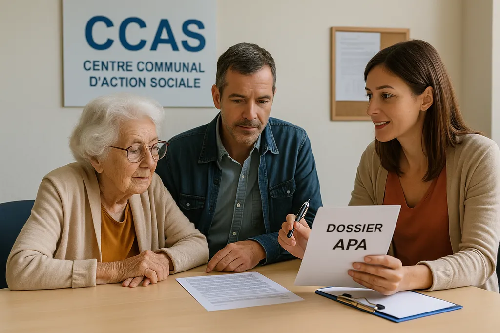 Aide sociale et maintien à domicile dans le Var : une senior accompagnée par son fils reçoit le soutien d’une conseillère du CCAS pour remplir un dossier APA.