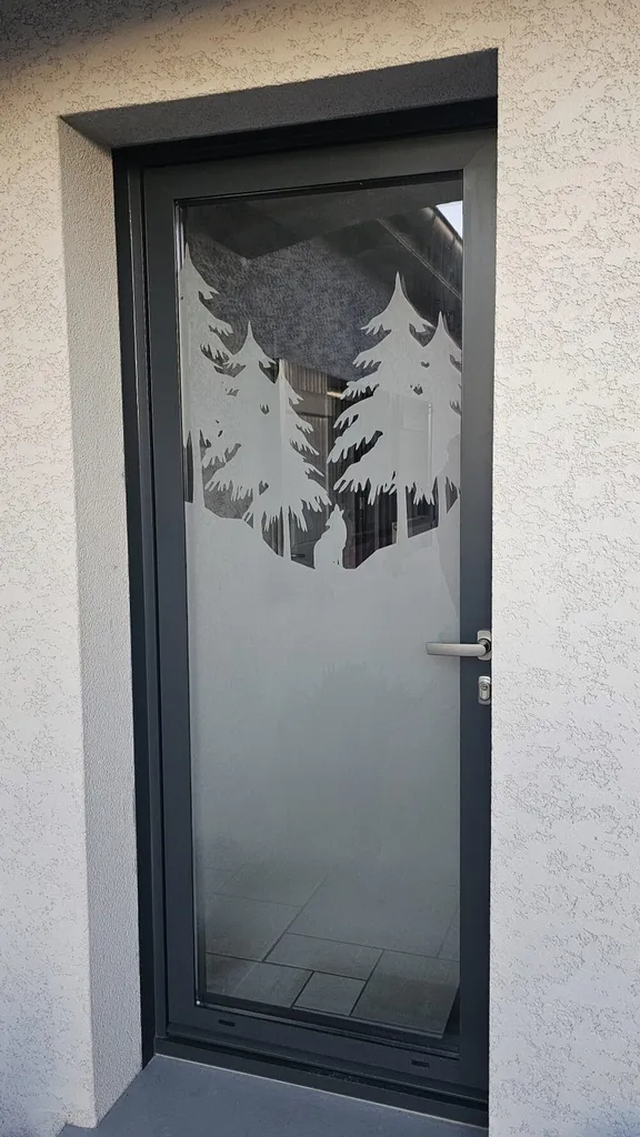 fabrication et pose d'une porte d'entrée alu avec vitrage sablé motif forêt à Sury-le-Comtal dans la Loire par 3 Baies