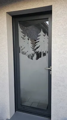 fabrication et pose d'une porte d'entrée alu avec vitrage sablé motif forêt à Sury-le-Comtal dans la Loire par 3 Baies