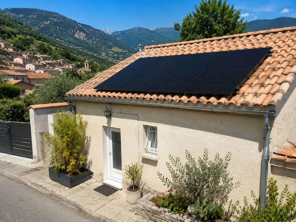 Installation de 4 panneaux photovoltaïques Full Black de 500 Wc avec micro-onduleurs APsystems, passerelle ECU-R et stockage virtuel BAT Powers réalisée par T Industrie à Belvédère (06), pour une autoconsommation performante et des économies d'énergie dur