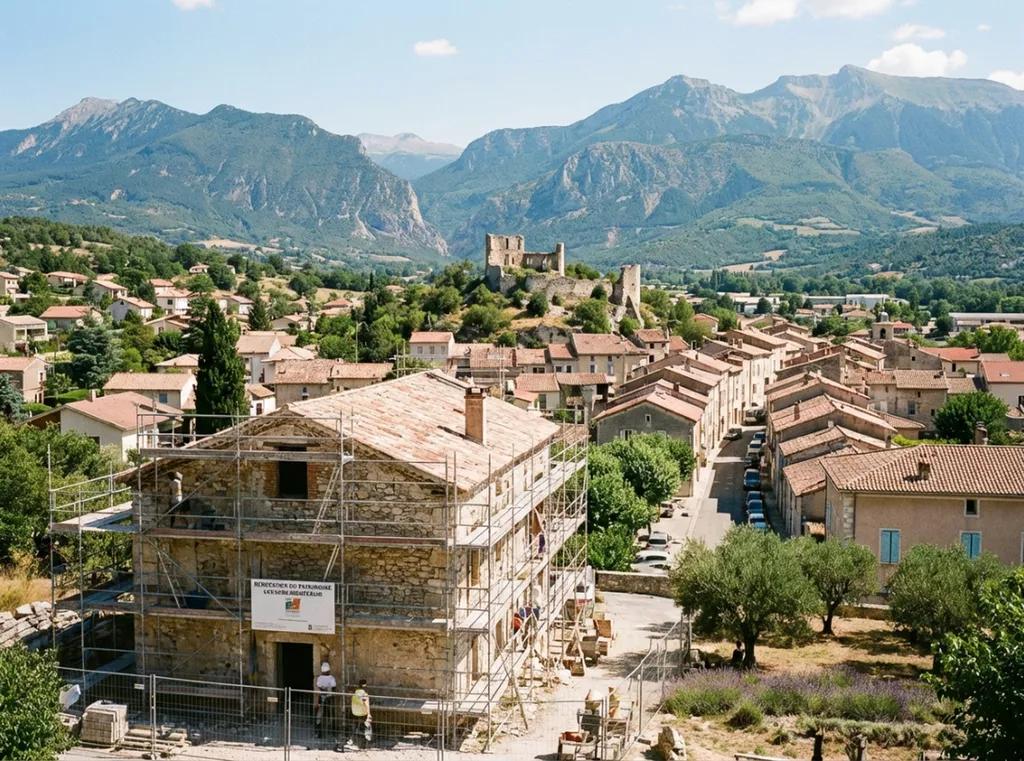 Montage d'échafaudage de façade sur bâtiment provençal en centre-ville de Laragne-Montéglin près de la place des Aires élu premier plus beau marché des Hautes-Alpes
