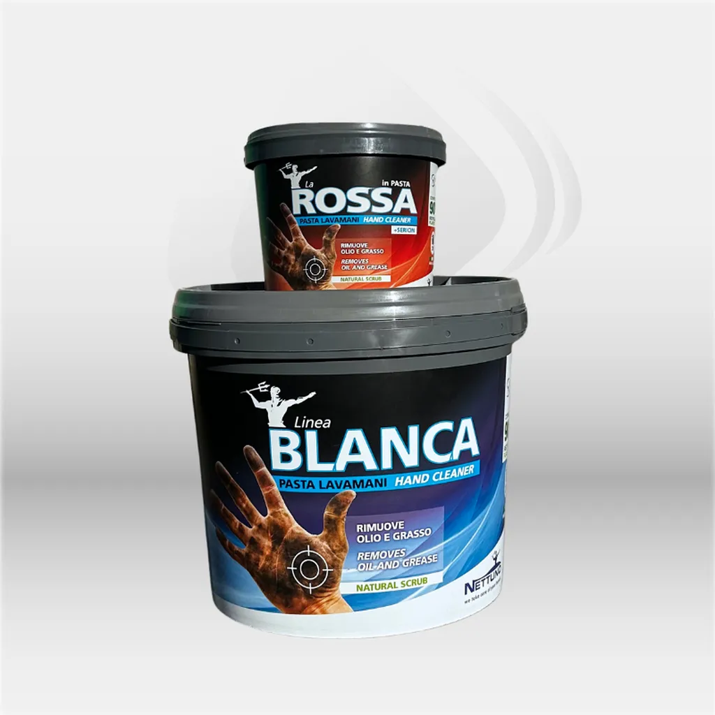 Pâte nettoyante mains Linea Blanca La Rossa pour élimination des graisses, huiles, cambouis et salissures industrielles, idéale pour ateliers mécaniques, garages et chantiers, offrant une solution professionnelle efficace et respectueuse de la peau – disp