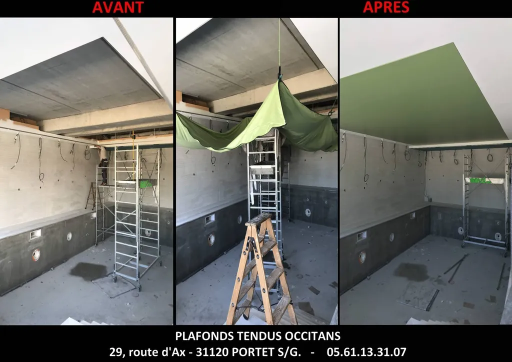 Pose plafond tendu acoustique BARRISOL satiné vert sur piscine résidence séniors 