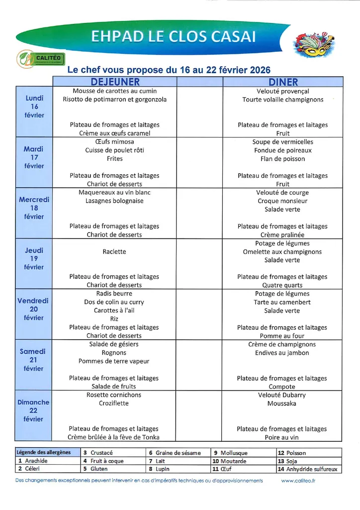 Menu du lundi 16 février au dimanche 22 février 2026