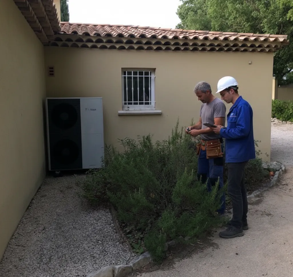 Artisan RGE réglant une pompe à chaleur air/eau haute température extérieure près d'une maison à Montendre, avec outils et unité monobloc visible. Enerchauffage