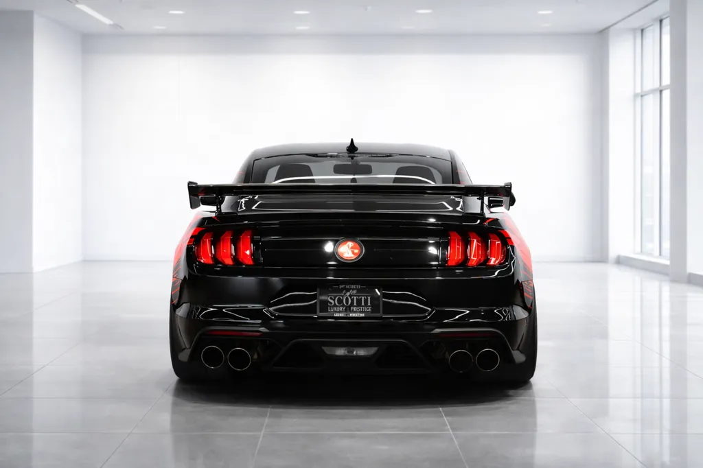 Arrière de Ford Mustang Shelby GT500 noire exposée dans un showroom à Bordeaux