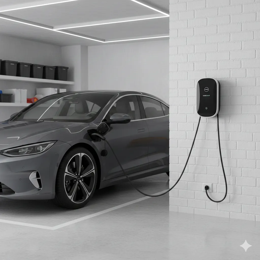 Gros plan sur un Tesla Wall Connector (Gen 3) installé sur un mur de garage, le câble Type 2 étant connecté à une Tesla Model 3.