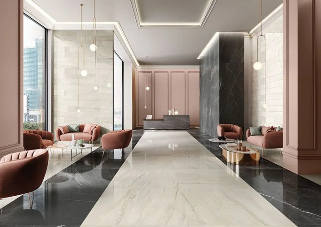 Pour un sol élégant et lumineux, optez pour du carrelage intérieur imitation marbre disponible dans notre showroom de Dieppe.