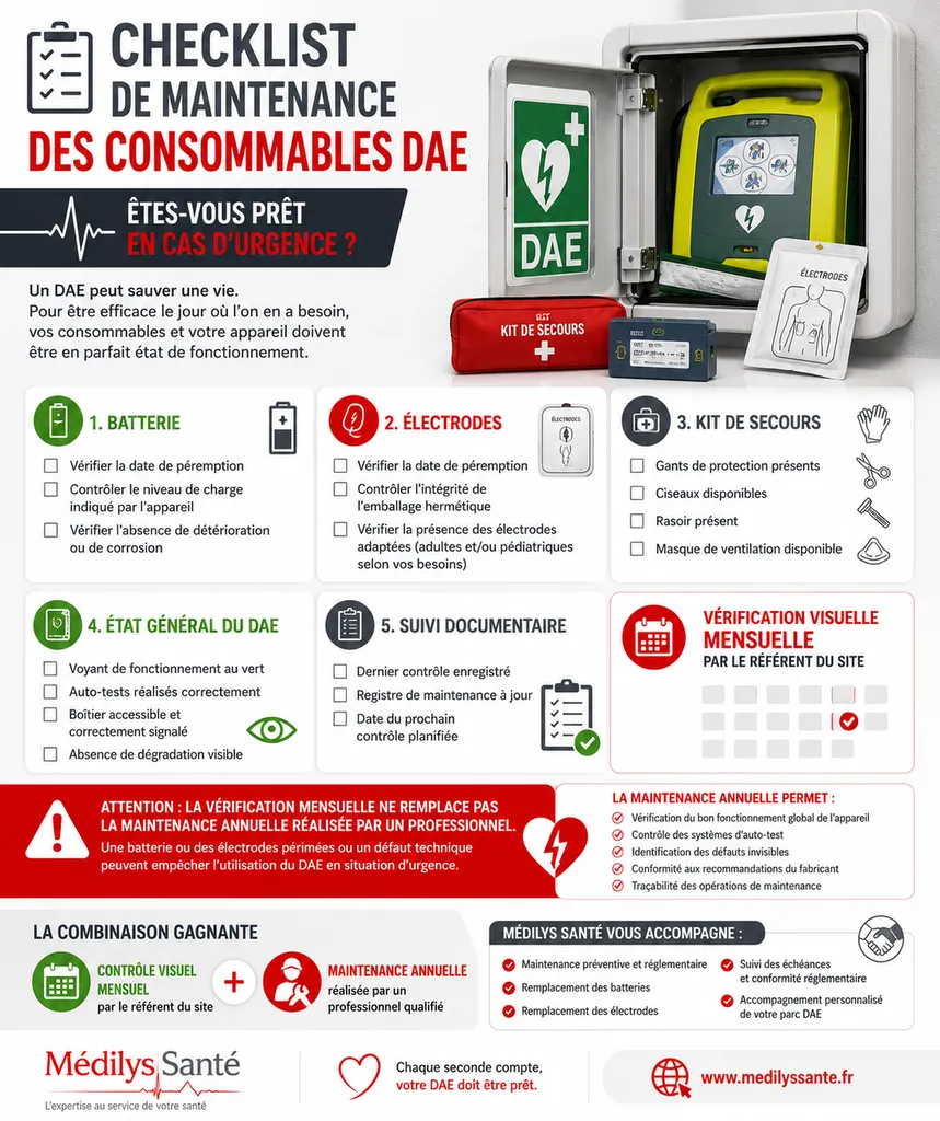 Vérification mensuelle d’un défibrillateur DAE en entreprise avec contrôle visuel des consommables essentiels à Angoulême