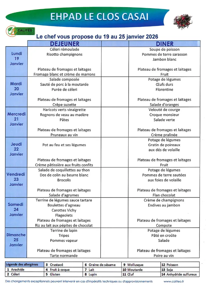 Menu du lundi 19 janvier au dimanche 25 janvier 2026