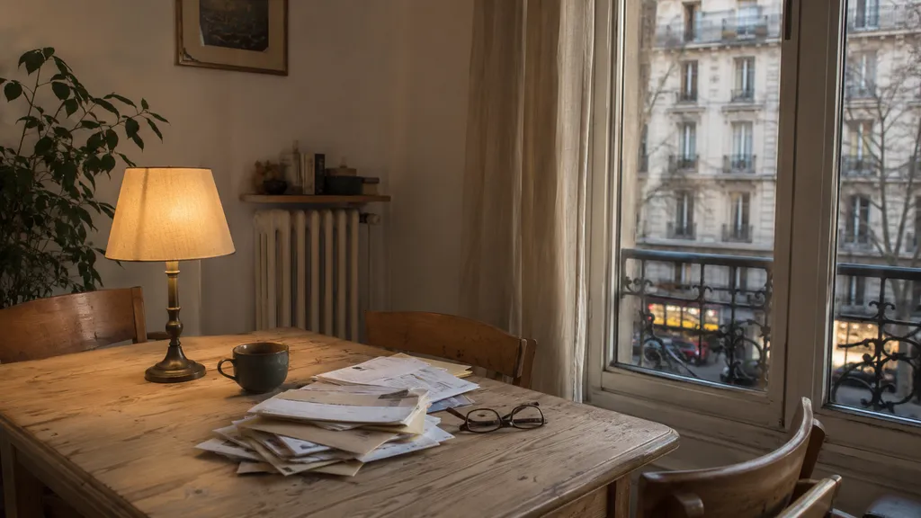 Table de salle à manger dans un appartement parisien en fin de journée