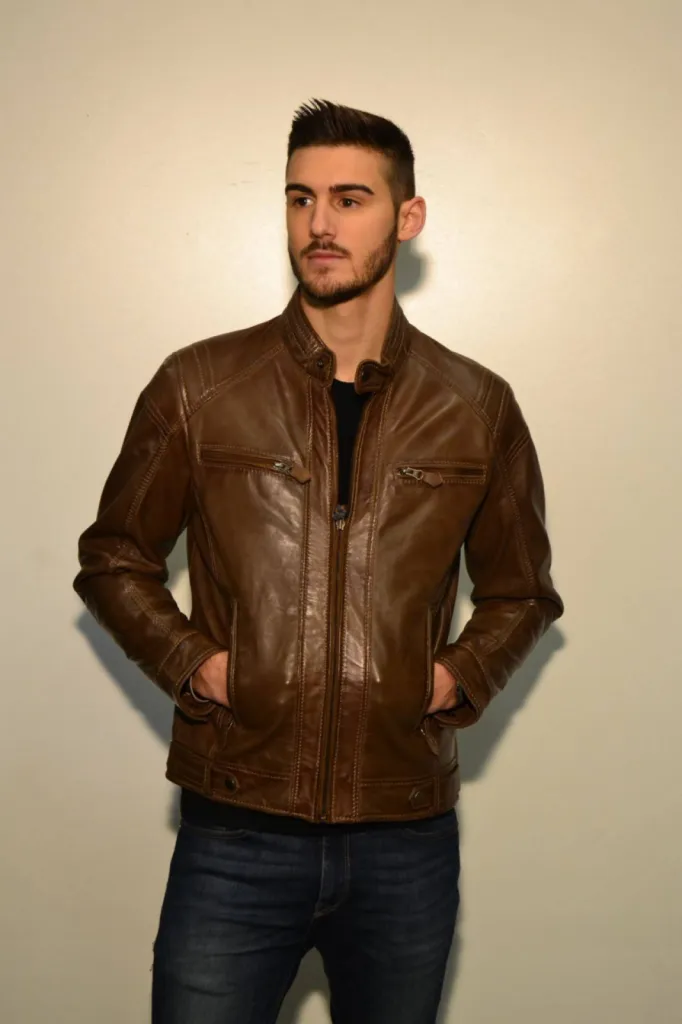 blouson cuir marron homme