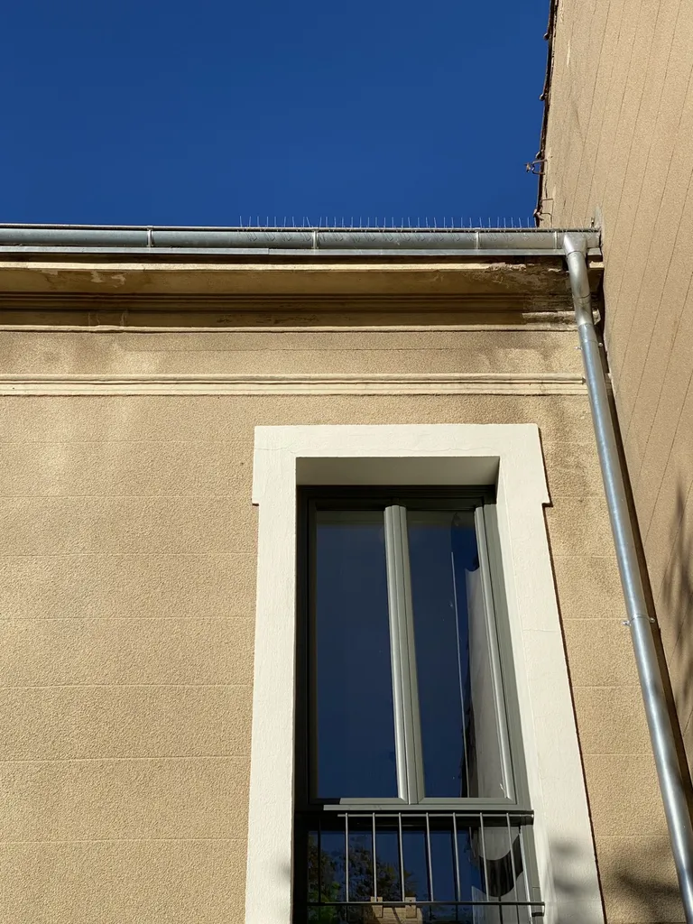 Pose d’une centrale ultrason et pic gouttière pour limiter l’installation des pigeons sur le Crédit Agricole de Trets