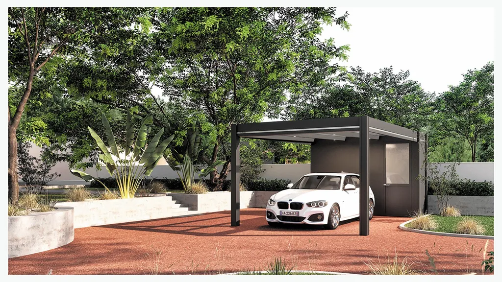 Carport aluminium gris anthracite 7016 sur mesure haute qualité fabrication française installation extérieure durable moderne Botans 90400
