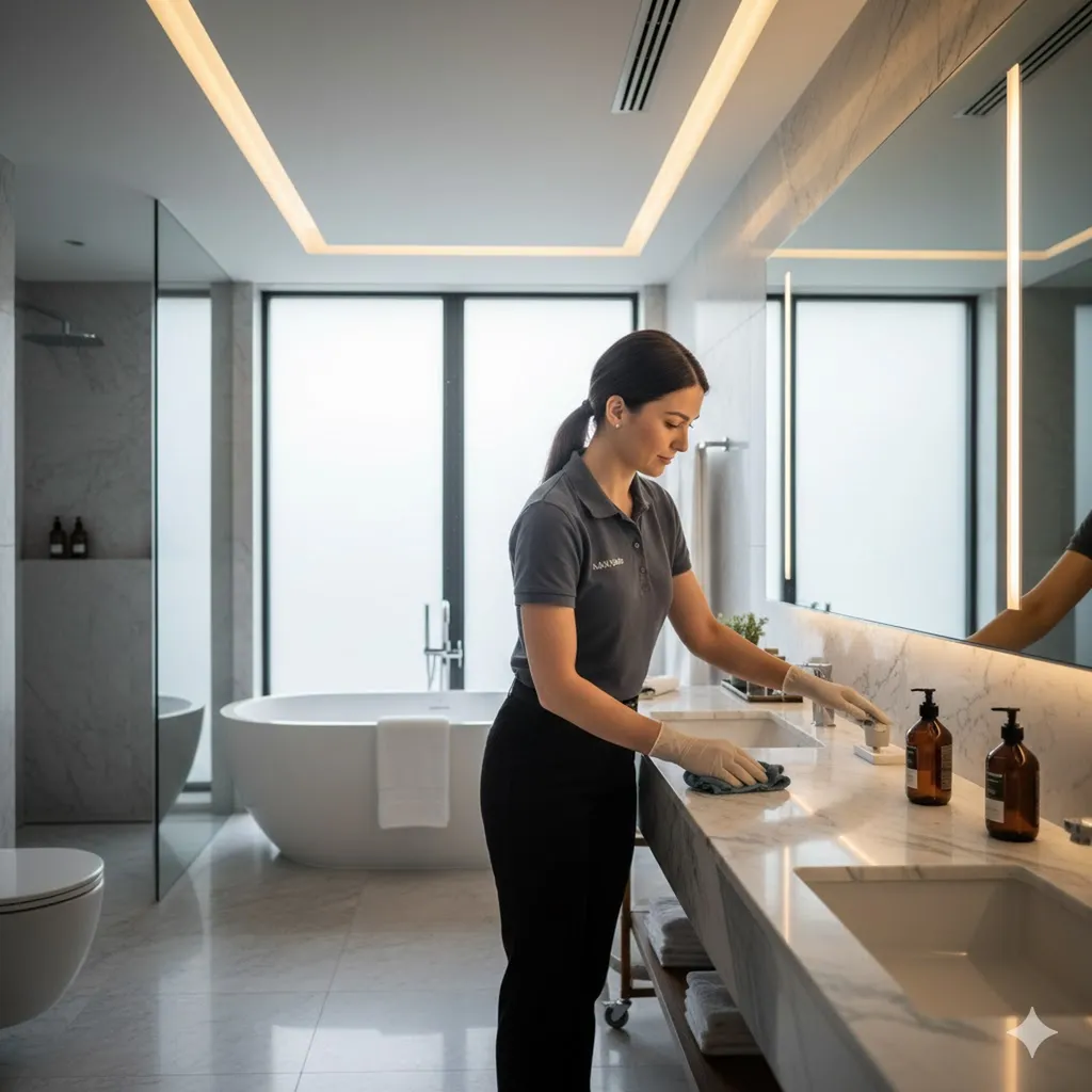 Femme de ménage qui désinfecte une salle de bain luxe