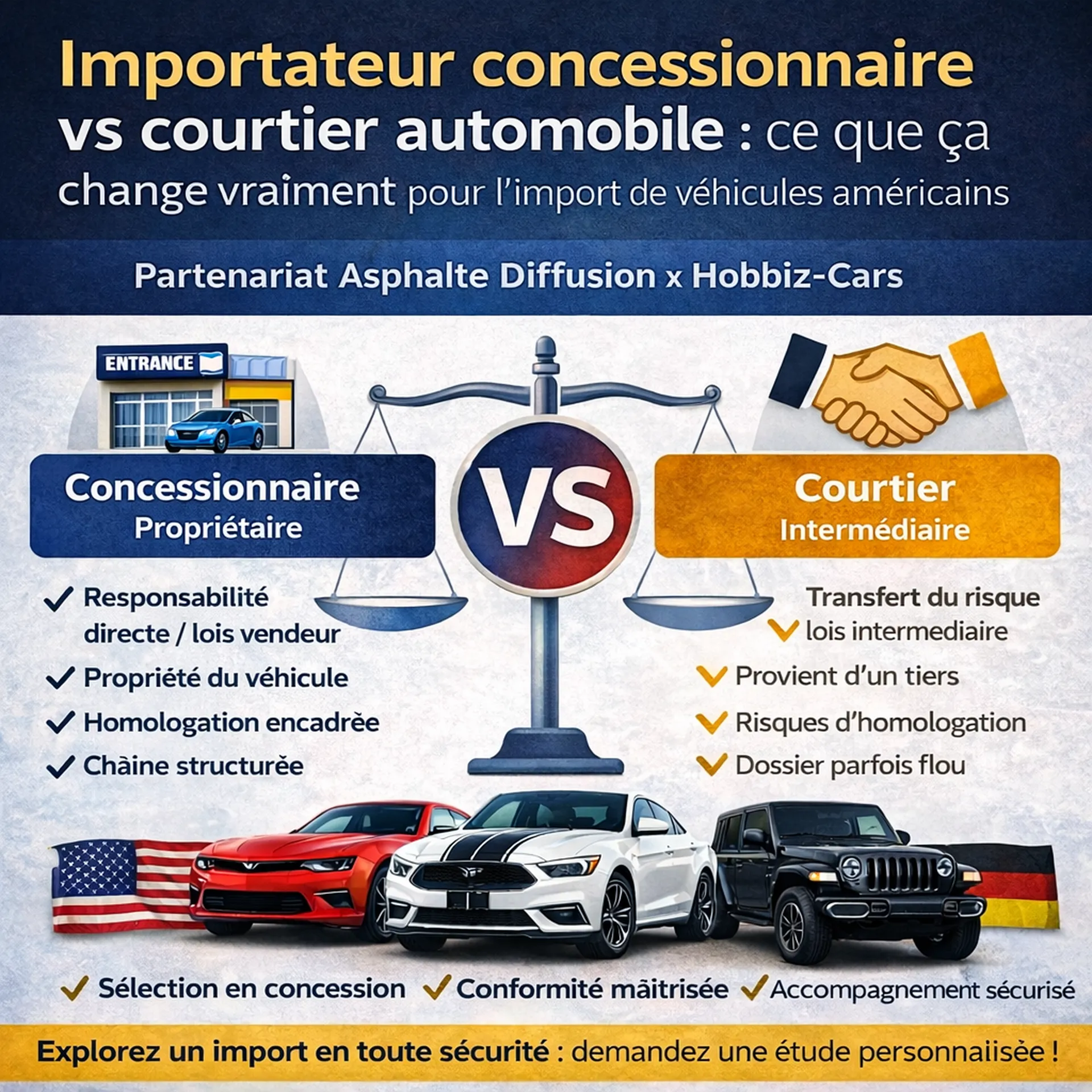 Importateur concessionnaire vs courtier automobile : différences, responsabilités et sécurité pour l’import de véhicules américains en France