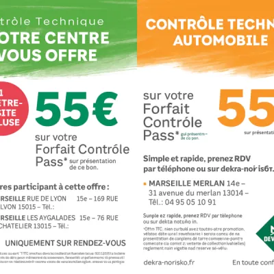 Contrôle technique pas cher à Marseille à seulement 55 euros contre-visite incluse pour véhicule particulier essence ou diesel dans nos centres DEKRA NORISKO