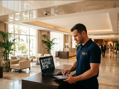 Installation professionnelle de système de vidéosurveillance NVR avec caméras dômes discrètes dans un hôtel 4 étoiles à Cannes