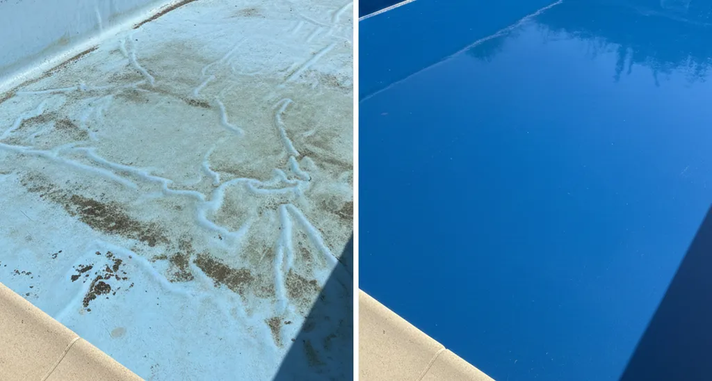 Comparatif avant/après : remplacement d'un vieux liner par une membrane armée bleue sur piscine à Eysines 33320
