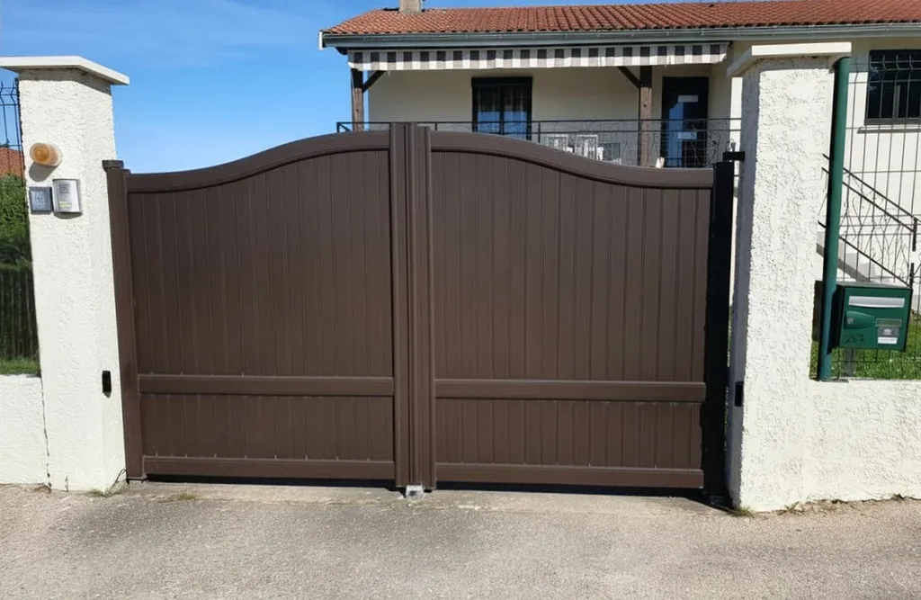 Installation d'un portail alu motorisé battant, coloris marron RAL 8014 avec motorisation Somfy et digicode à Fontaine-sur-Saône près de Sathonay-Camp dans le Rhône (69)