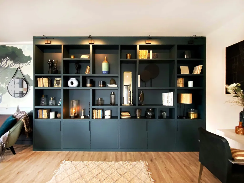 Bibliothèque linéaire intemporelle en médium peint vert foncé avec étagères asymétrique en Haute Garonne