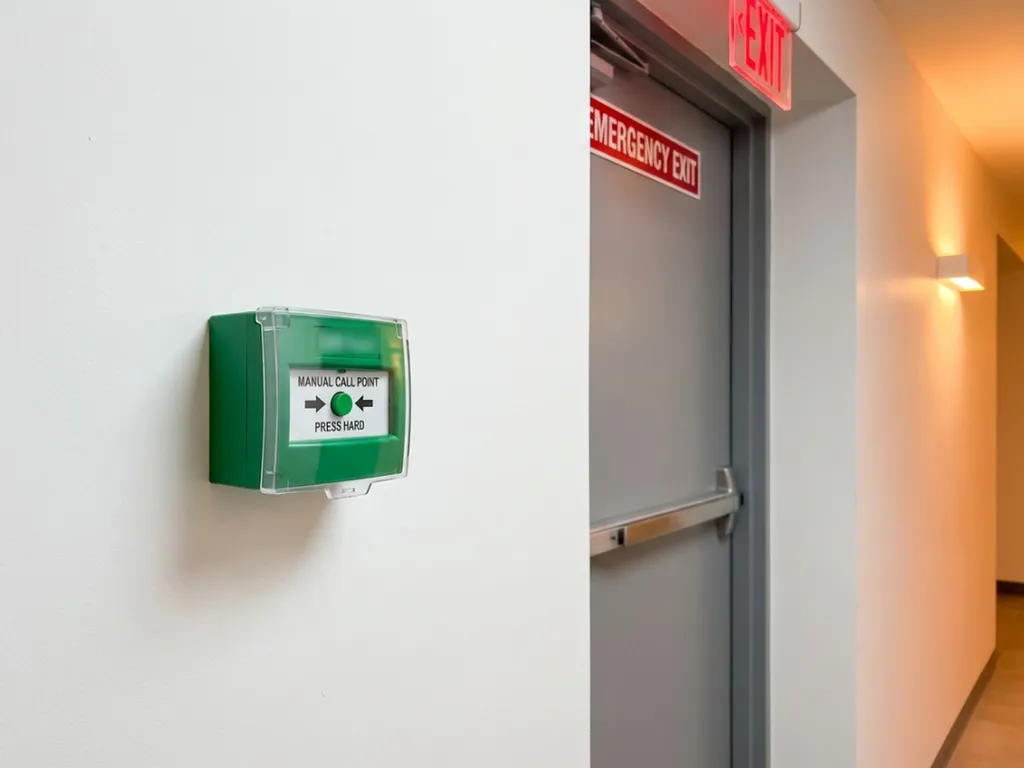Déclencheur manuel vert (DM Vert) installé sur mur à proximité porte de secours, boîtier vert bouton-poussoir urgence, installation professionnelle conforme NF S 61-932