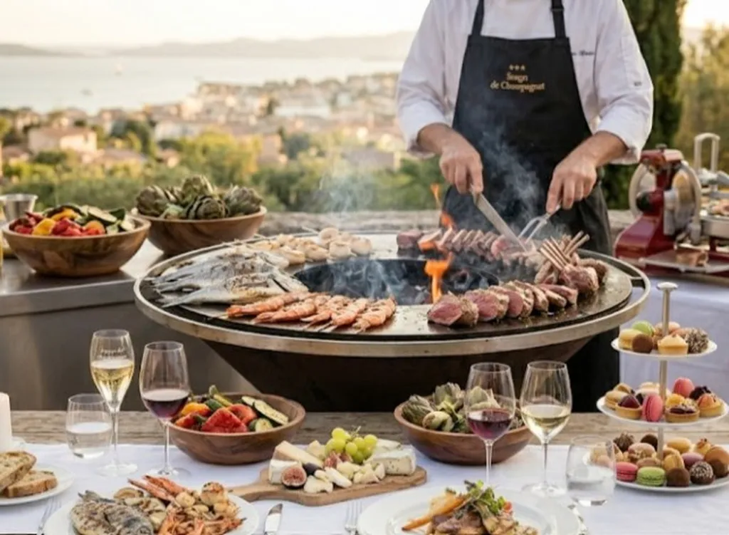 Menu Brasero pour mariage en extérieur avec grillades terre et mer et ateliers culinaires à la Villa Khariessa Martigues