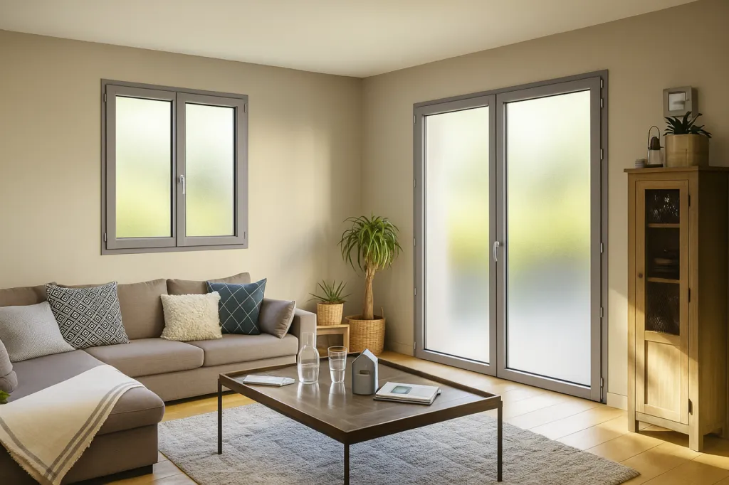 porte et fenêtre en anodisé naturel satiné avec vitrage opaque