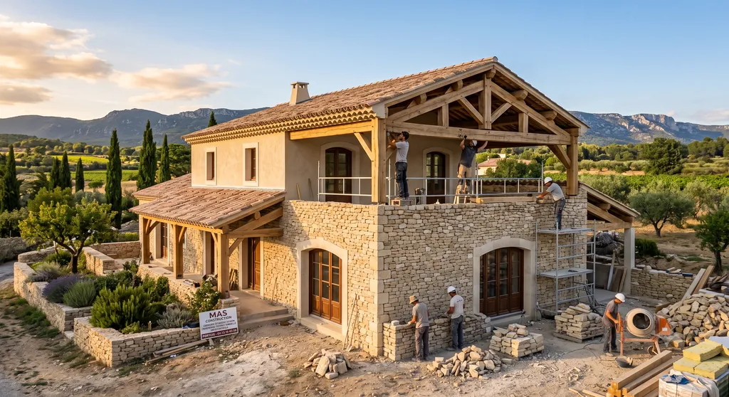 Construction de maison provençale à Pertuis proche d'Aix-en-Provence avec charpente traditionnelle dans le Vaucluse
