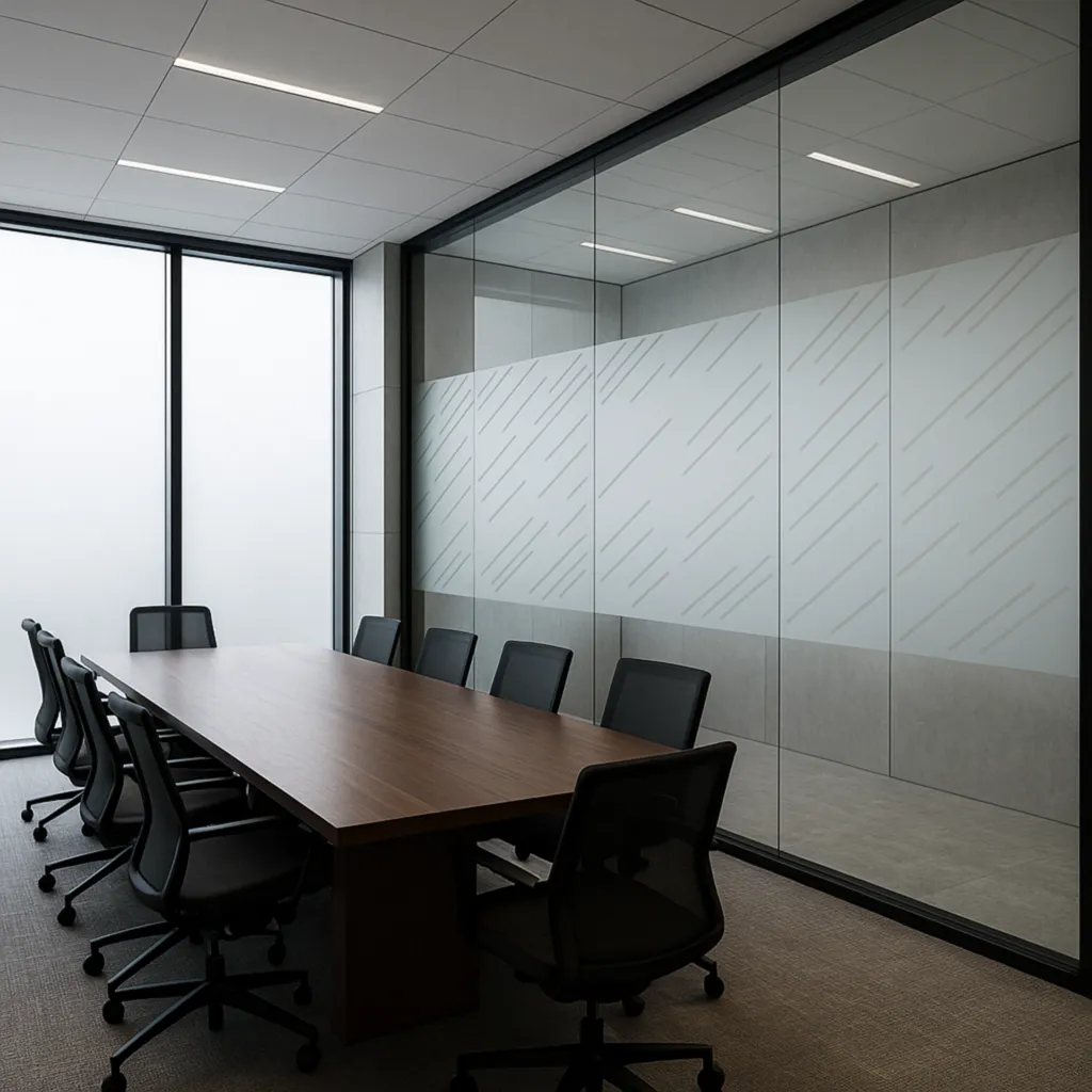 Film décoratif White Frost : Solution architecturale pour gérer la transparence et la confidentialité dans les salles de réunion et espaces collaboratifs.