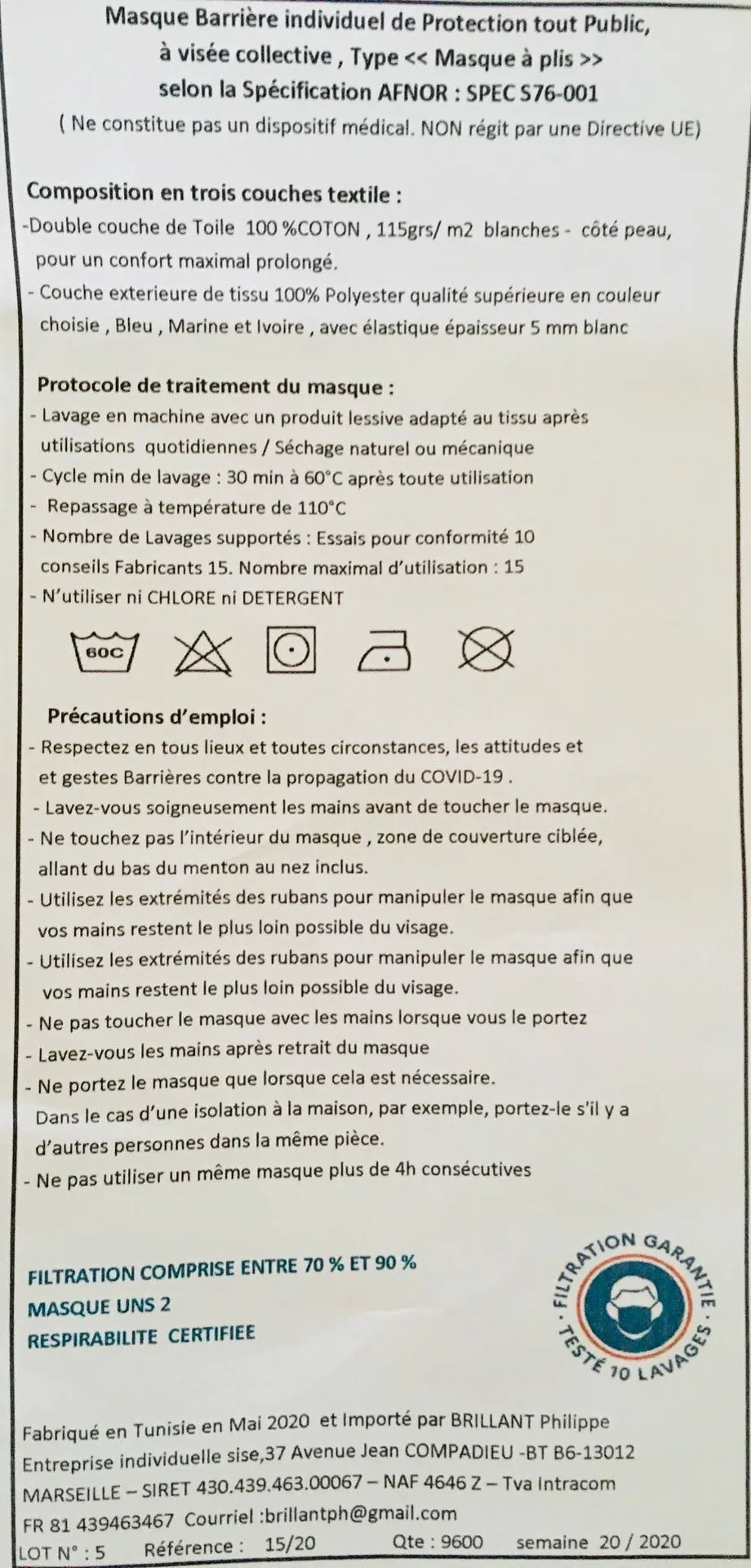 Notice masques lavables marseille
