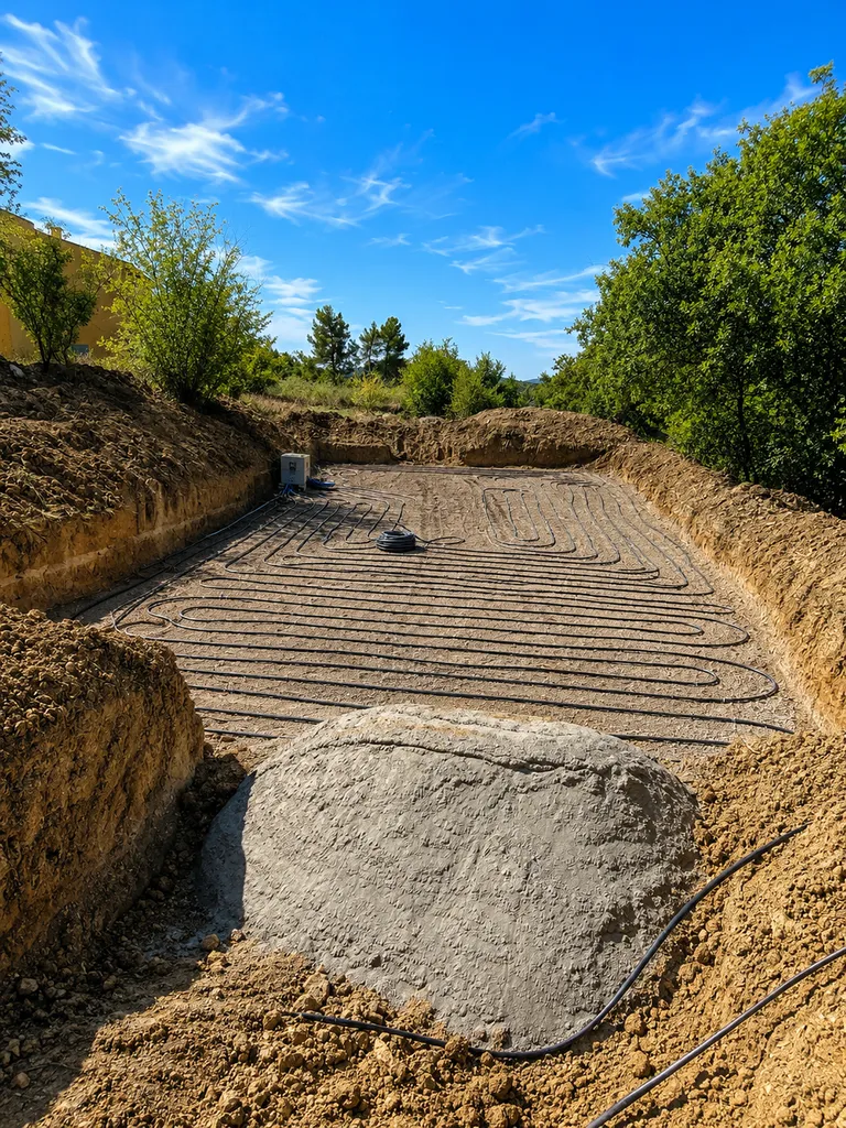 Mise en œuvre d'un captage géothermique horizontal et terrassement pour alimenter une pompe à chaleur sol à La Mort-d'Imbert dans les Alpes-de-Haute-Provence (04)