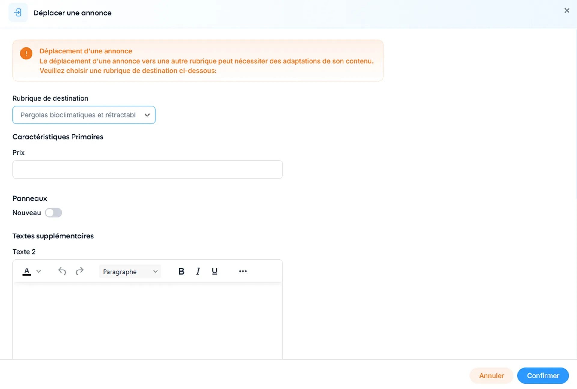 Déplacement d’annonce dans une autre rubrique