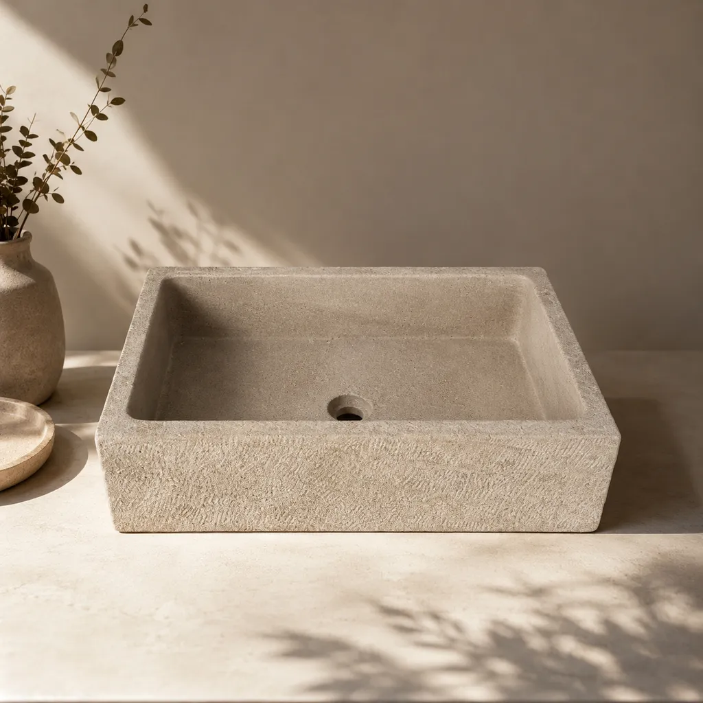 Vasque à poser rectangulaire en pierre naturelle beige 60x40 cm pour salle de bain moderne et chaleureuse