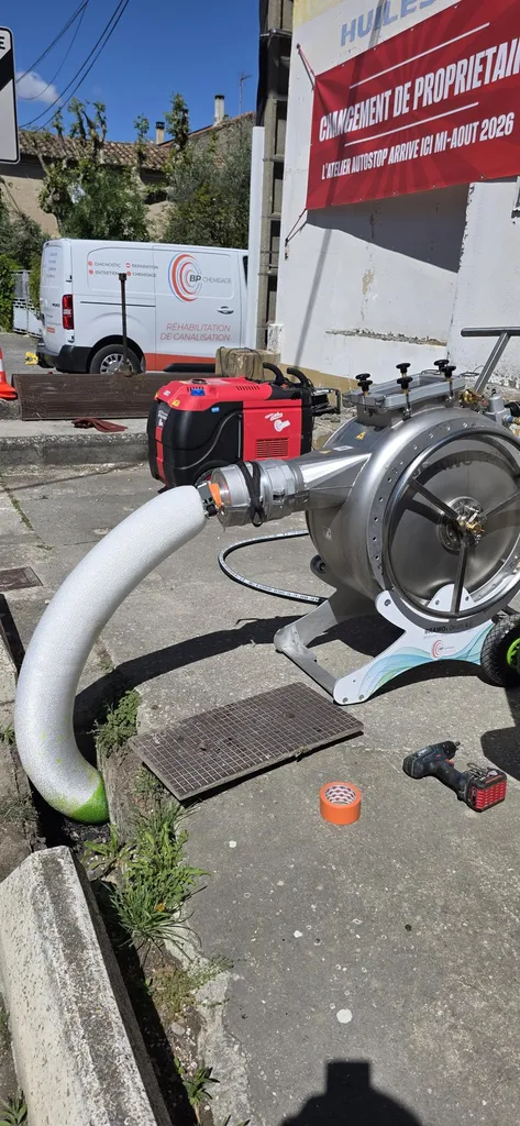 Chemisage par gaine en reversion et fraisage de canalisation béton DN 150 à Jonquières (84150)