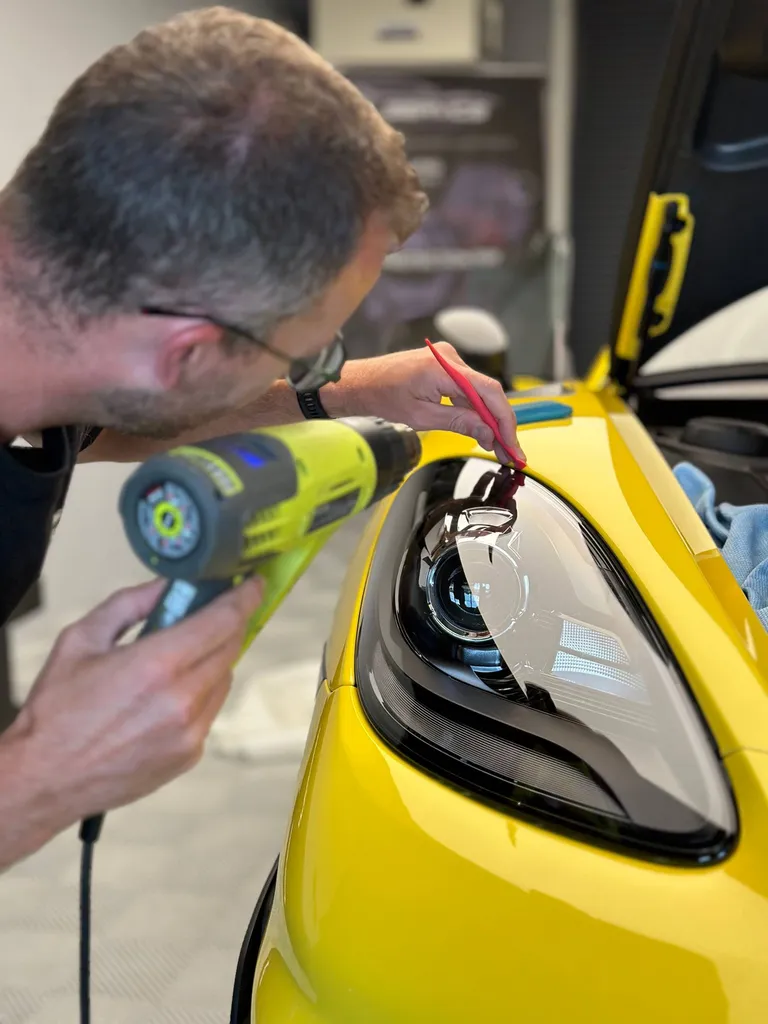 Pose d'un film de protection PPF sur le bloc-avant d'une Porsche 718 Cayman GT4 RS à notre atelier (72)