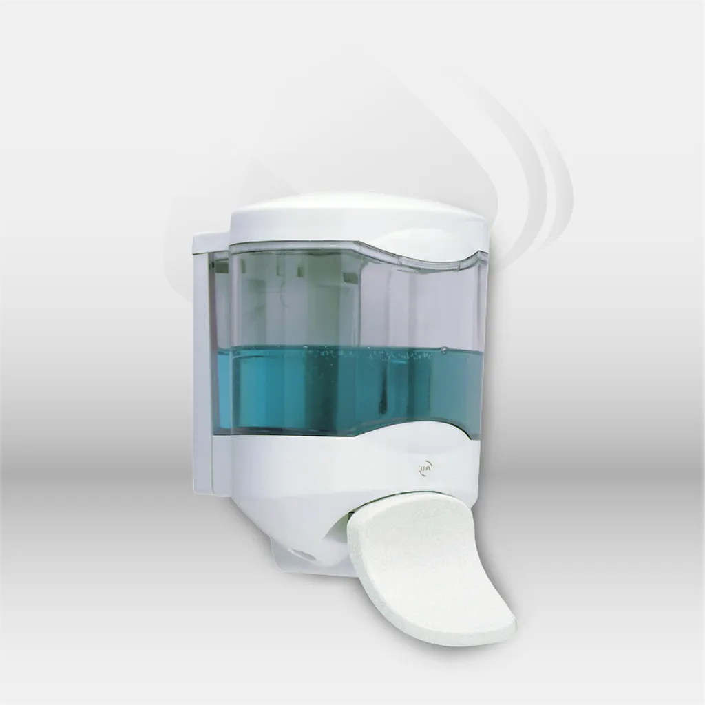 Distributeur savon et gel hydroalcoolique JVD Crystal 450 ml avec palette installé dans des sanitaires professionnels d’entreprise à Mont-de-Marsan, Landes (40), Nouvelle-Aquitaine et disponible partout en France