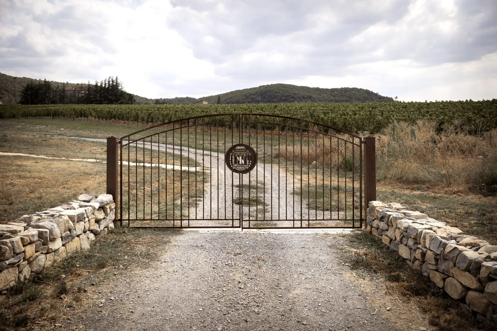 Portail sur mesure en fer forgé pour la cave a vin Terra Noé a Rochecolombe en Ardèche.