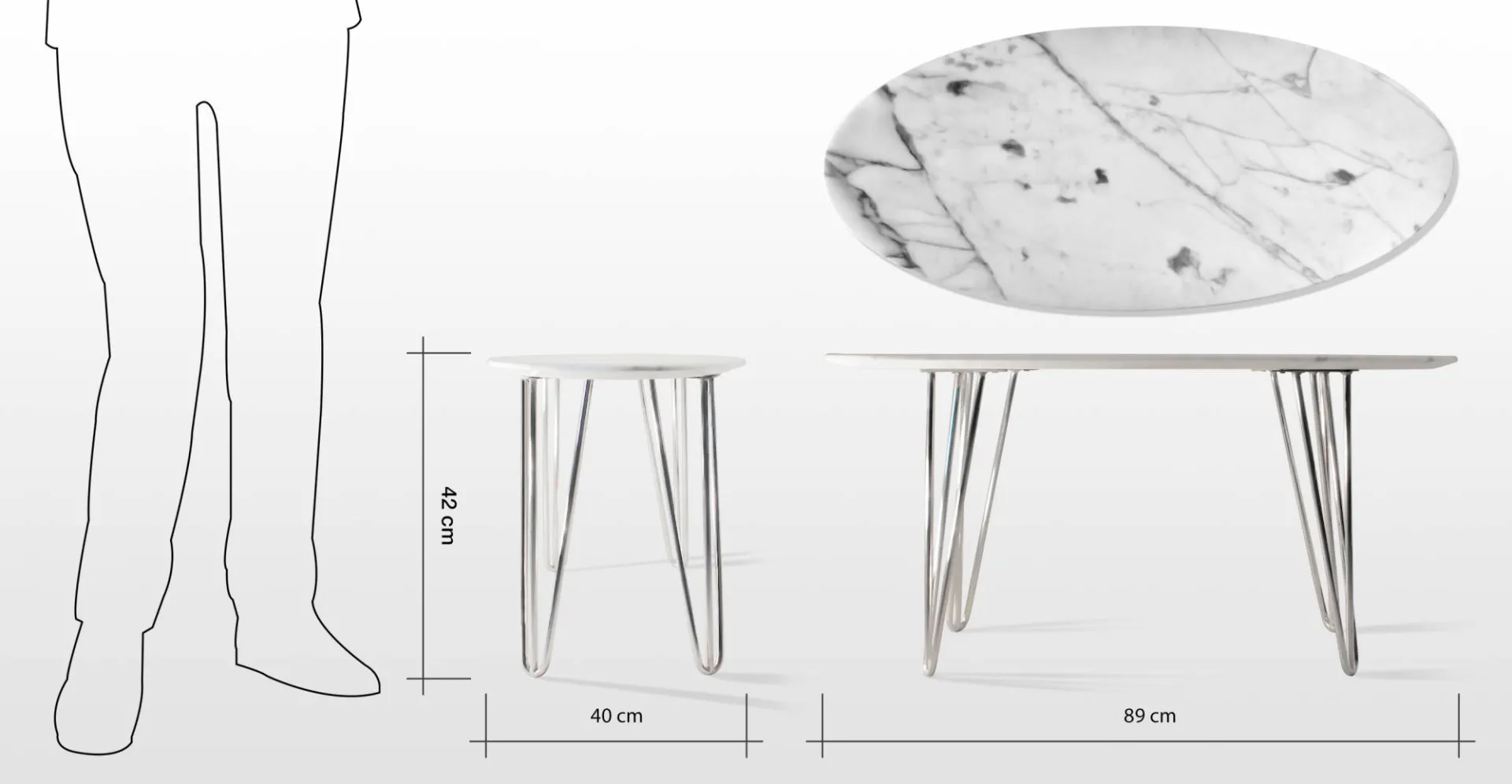 Selma: table basse ovale design vintage en marbre blanc calacatta, pieds tête d'épingle acier chromé