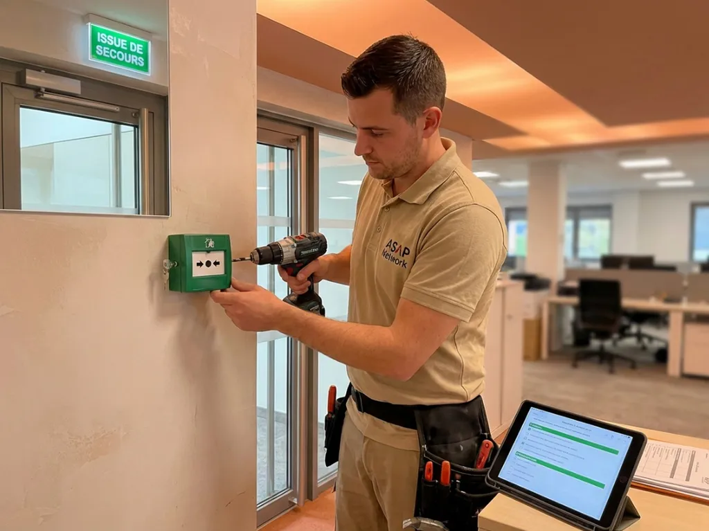 Technicien professionnel ASAP Network installation déclencheur manuel vert DM Vert, montage hauteur 0,90-1,30 m, test fonctionnement réarmement clé, vérification déverrouillage instantané porte, maintenance annuelle obligatoire