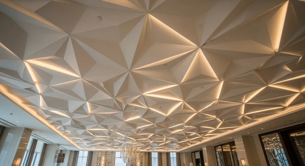 Structurer le hall d'accueil d'un hôtel de luxe en posant un plafond tendu 3D en forme géométrique à Narbonne proche de Lézignan