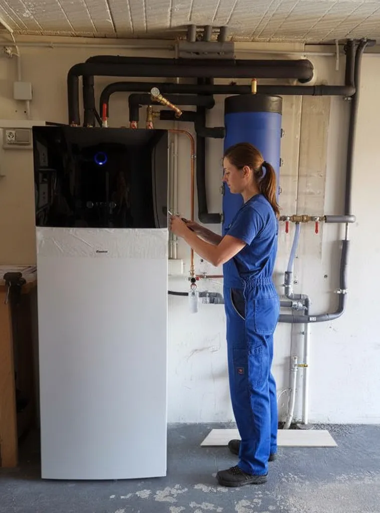 Installateur chauffagiste RGE fixant une unité extérieure de pompe à chaleur air-eau réversible sur la façade d’une maison à Montendre.