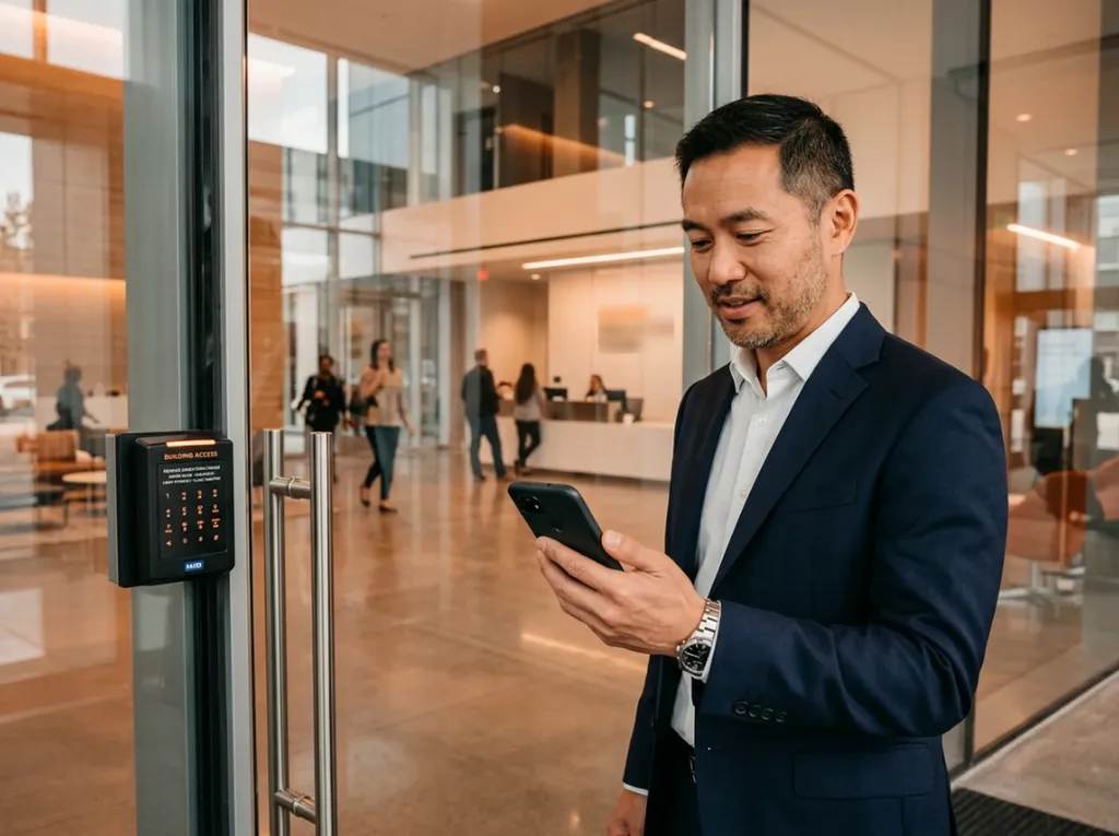 Responsable ouvrant une porte à distance depuis son smartphone, interface de contrôle d'accès cloud multi-sites