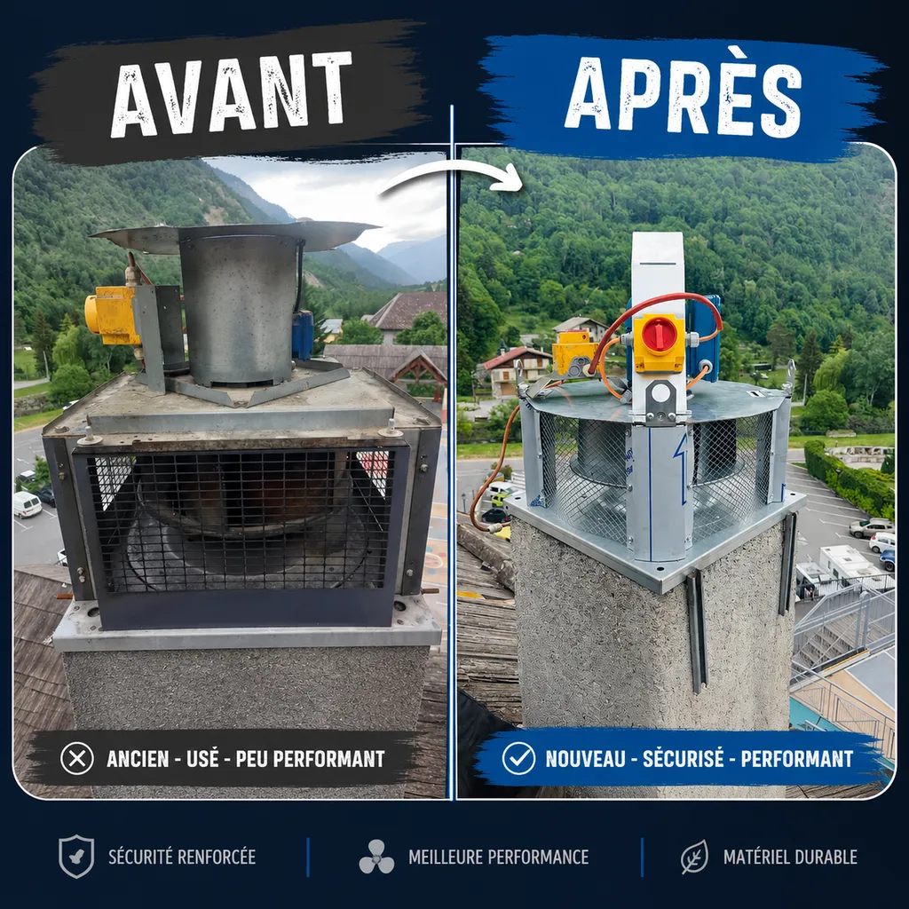 Nouvelle tourelle d'extraction installée en toiture après remplacement complet de l'ancien équipement. Cette intervention permet de garantir une évacuation optimale de l'air et des fumées tout en améliorant les performances du système de ventilation.