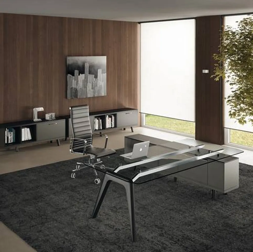 Bureau RAIL en verre et bois avec retour sur desserte  au design épuré livré sur AVIGNON