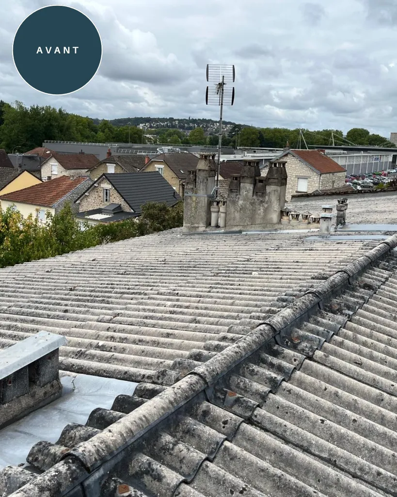 Toiture en plaques ondulées vieillissante et poreuse avec souches de cheminée avant traitement d'étanchéité