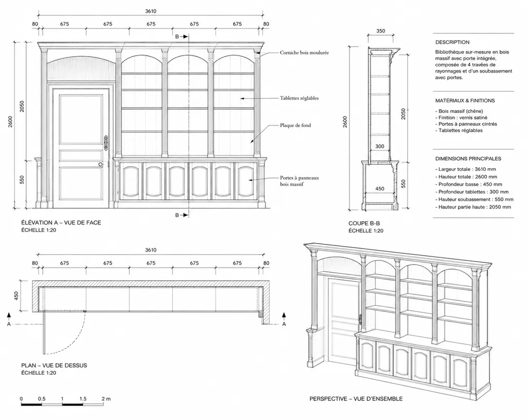 Bibliothèque sur mesure en chêne massif à Varengeville-sur-Mer : fabrication artisanale et pose par menuisier d’exception en Seine-Maritime
