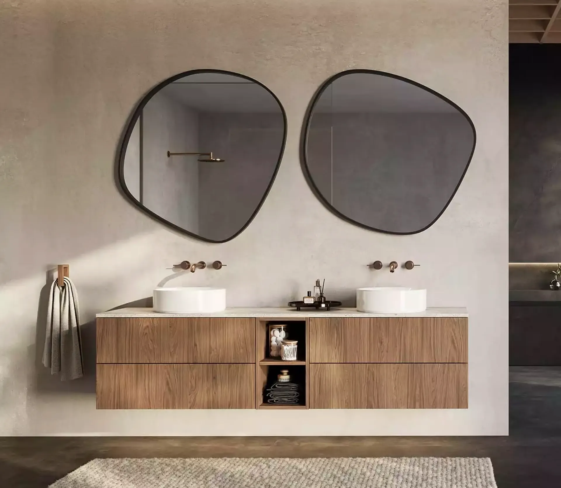 Salle de bain avec meubles bois au veinage vertical pour une ambiance chaleureuse dans le Tarn