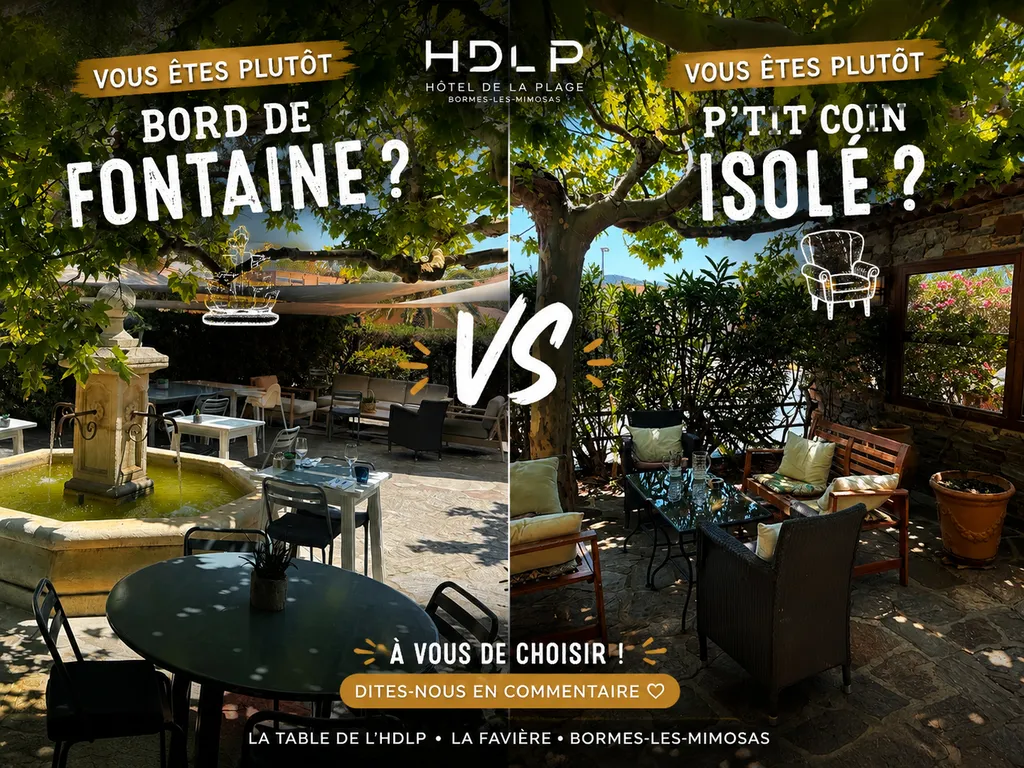 Bord de fontaine ou coin isolé à l'Hôtel de la Plage de Bormes-les-Mimosas, terrasse ombragée sous les platanes centenaires.
